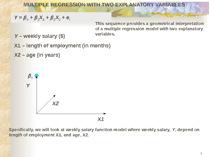 MULTIPLE REGRESSION WITH TWO EXPLANATORY VARIABLES Y X 2 X 10 Y =  0 