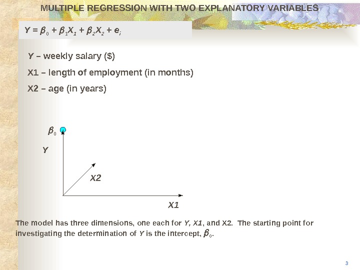 MULTIPLE REGRESSION WITH TWO EXPLANATORY VARIABLES Y X 2 X 10 3 The model has three