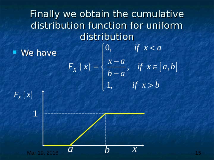 Mar 19, 2016  15 Finally we obtain the cumulative distribution function for uniform distribution We