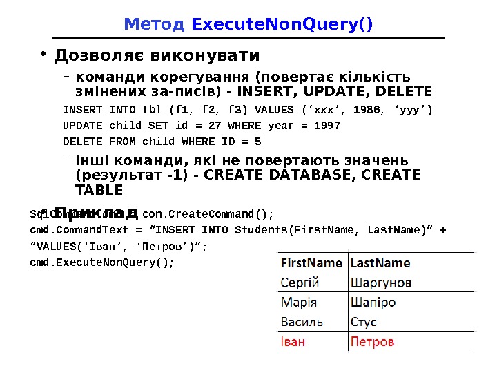 Метод Execute. Non. Query() • Дозволяє виконувати – команди корегування (повертає кількість змінених за-писів) - INSERT,