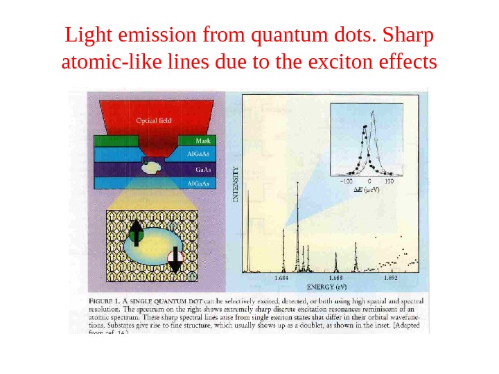 Light emission from quantum dots. Sharp atomic-like lines due to the exciton effects 