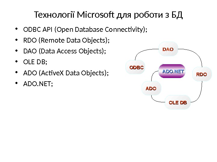  • ODBC API (Open Database Connectivity) ;  • RDO (Remote Data Objects) ; 