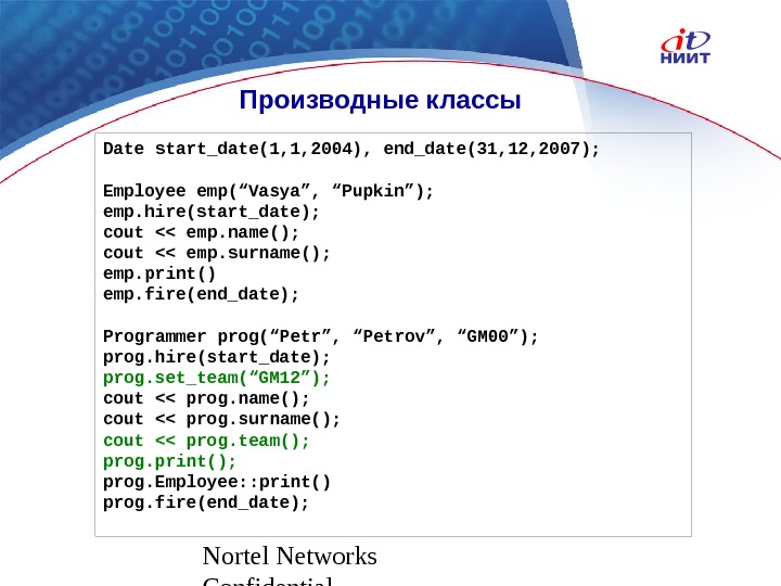 Nortel Networks Confidential Производные классы Date start_date(1, 1, 2004), end_date(31, 12, 200 7 ); Employee emp(“Vasya”,
