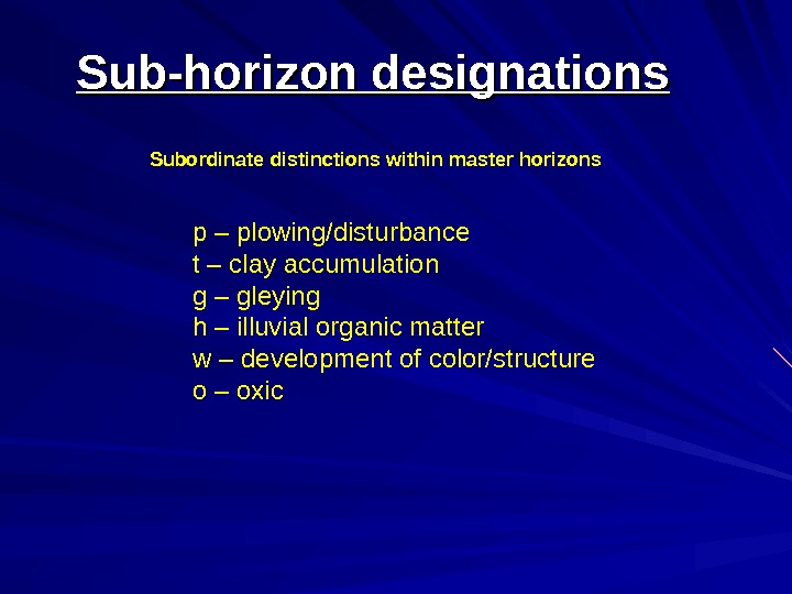   Sub-horizon designations p – plowing/disturbance t – clay accumulation g – gleying h –