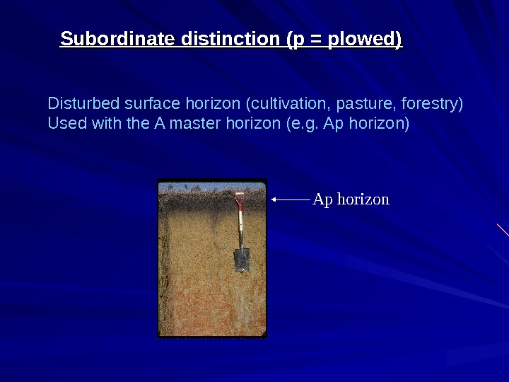   Subordinate distinction (p = plowed) Disturbed surface horizon (cultivation, pasture, forestry) Used with the