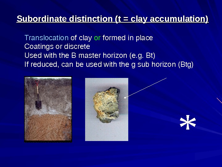   Subordinate distinction (t = clay accumulation) Translocation of clay or formed in place Coatings