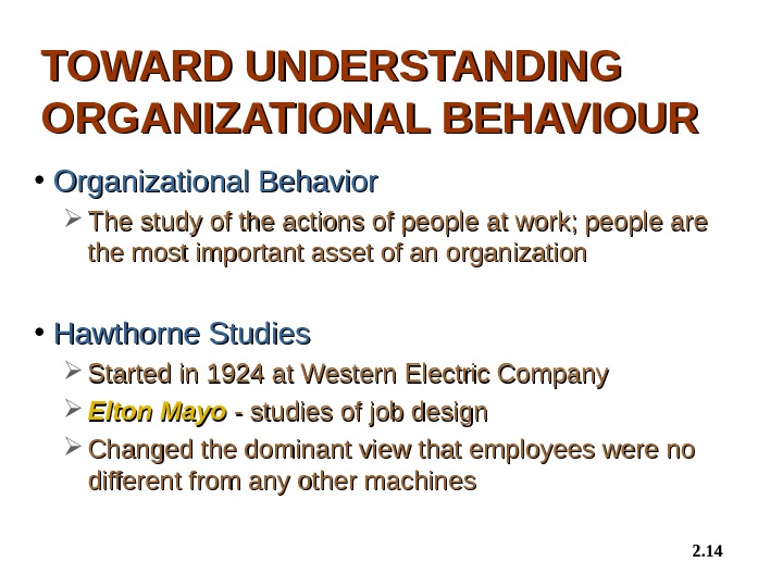 TOWARD UNDERSTANDING ORGANIZATIONAL BEHAVIOUR • Organizational Behavior The study of the actions of people at work;