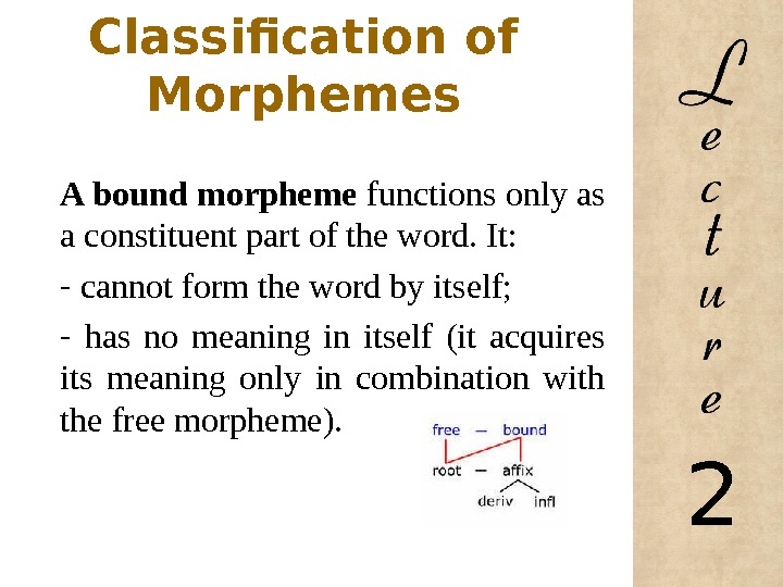 Classification of Morphemes A bound morpheme functions only as a constituent part of the word. It: