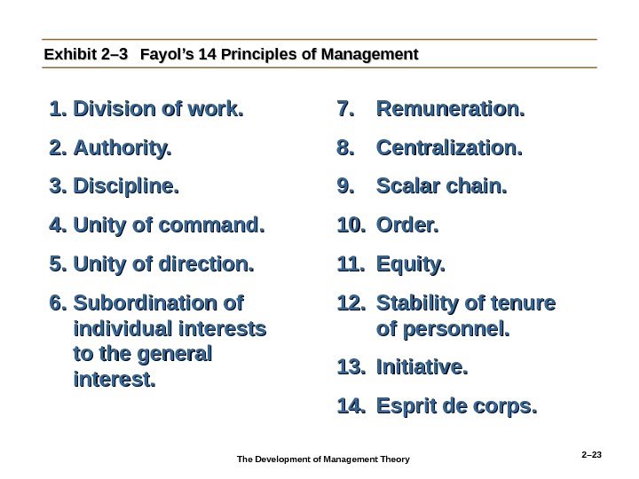 2– 23 Exhibit 2– 3 Fayol’s 14 Principles of Management 1. 1. Division of work. 2.