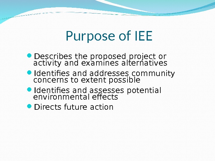 Purpose of IEE Describes the proposed project or activity and examines alternatives Identifies and addresses community