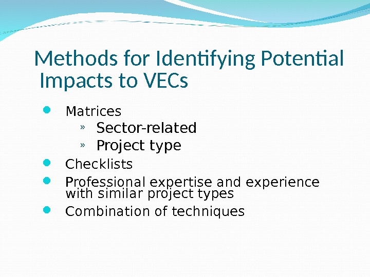 Methods for Identifying Potential  Impacts to VECs Matrices » Sector-related » Project type Checklists Professional