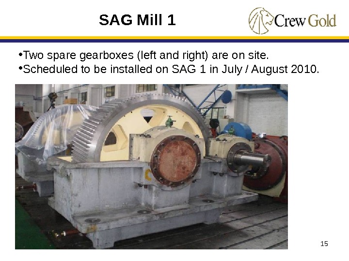 15 • Two spare gearboxes (left and right) are on site.  • Scheduled to be