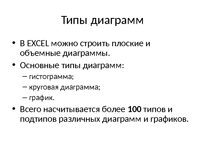 Типы диаграмм • В EXCEL можно строить плоские и объемные диаграммы.  • Основные типы диаграмм: