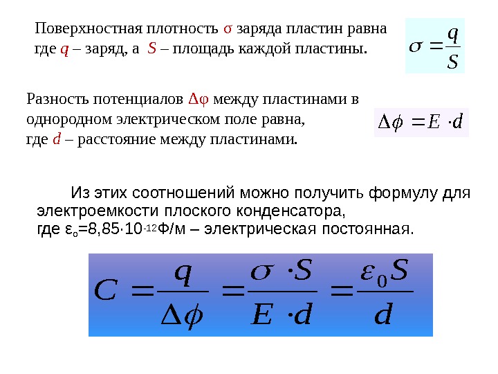  Из этих соотношений можно получить формулу для электроемкости плоского конденсатора,  где εo =8, 85·