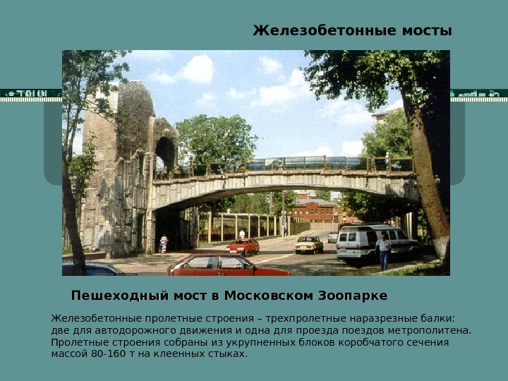   Железобетонные мосты Пешеходный мост в Московском Зоопарке  Железобетонные пролетные строения – трехпролетные наразрезные