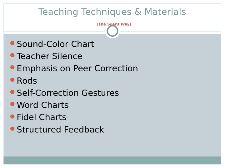 Teaching Techniques & Materials  (The Silent Way) Sound-Color Chart Teacher Silence Emphasis on Peer Correction