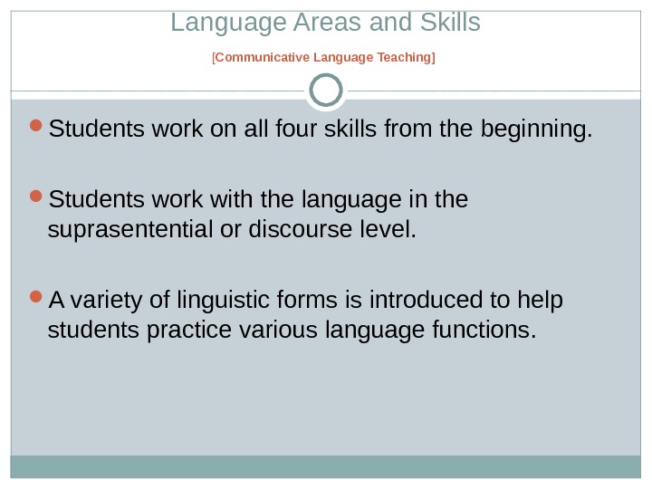 Language Areas and Skills [ Communicative Language Teaching ]  Students work on all four skills