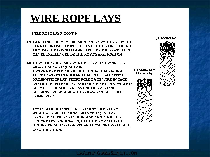 WIRE ROPE LAYS (b) LANGS l. AY (a) Regular Lay/ Ordinary lay WIRE ROPE LAYS 