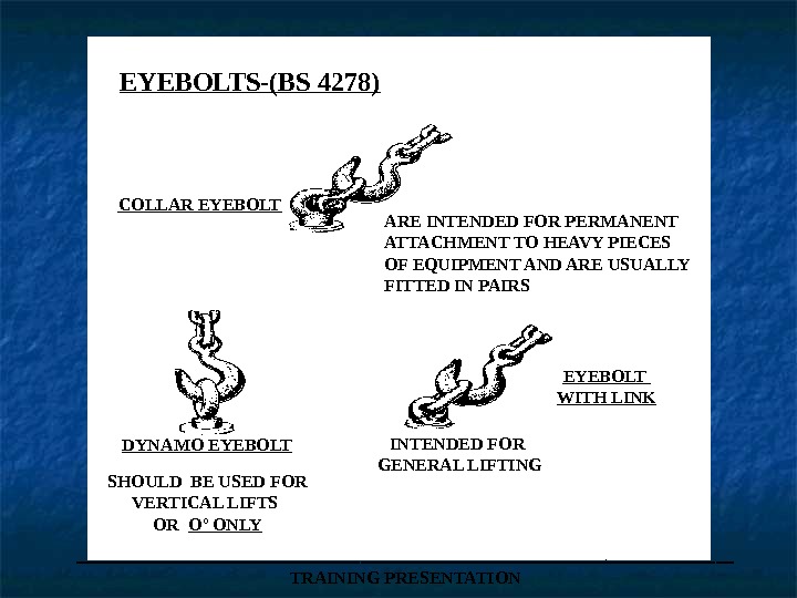 ___________________ TRAINING PRESENTATIONEYEBOLTS-(BS 4278) COLLAR EYEBOLT DYNAMO EYEBOLT WITH LINK SHOULD BE USED FOR VERTICAL LIFTS