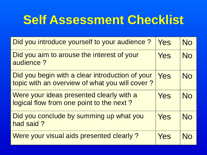   Self Assessment Checklist Did you introduce yourself to your audience ? Yes No Did