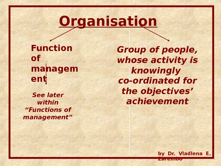 Organisation  Function of managem ent Group of people,  whose activity is knowingly  co-ordinated
