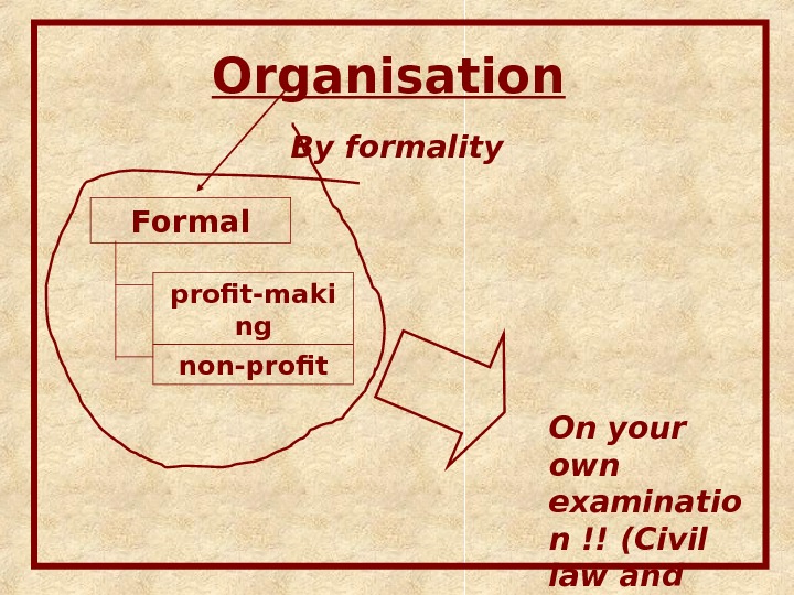 Organisation  By formality Formal profit-maki ng non-profit On your own examinatio n !! (Civil law
