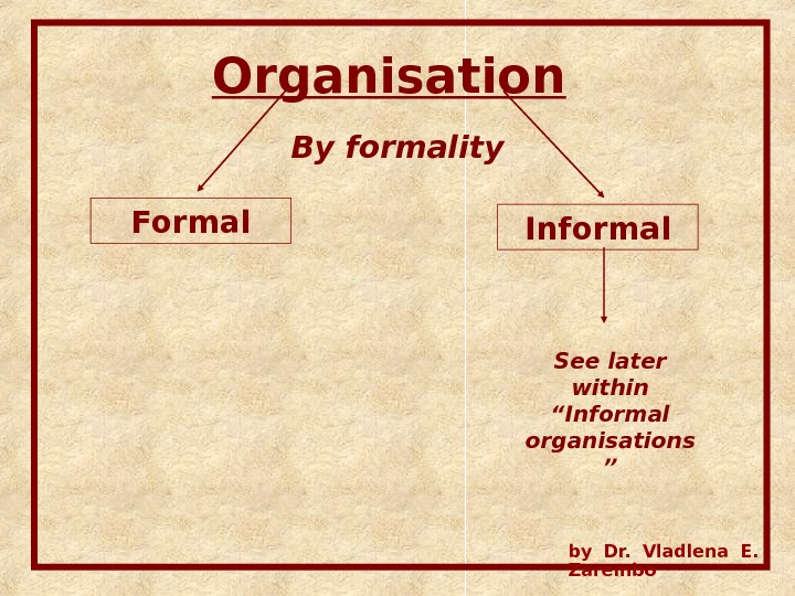 Organisation  By formality Formal Informal See later within “Informal organisations ” by Dr.  Vladlena