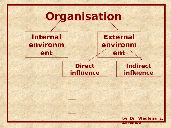 Organisation  Internal environm ent External environm ent Direct influence Indirect influence by Dr.  Vladlena