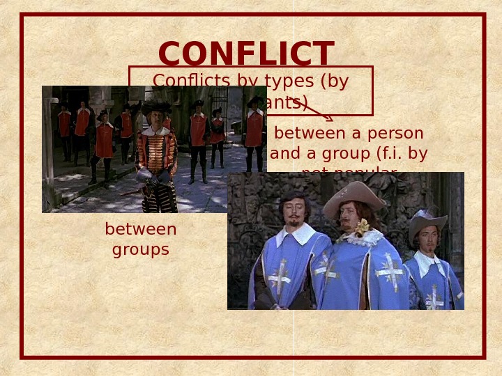 CONFLICT Conflicts by types (by participants) interperson al between a person and a group (f. i.
