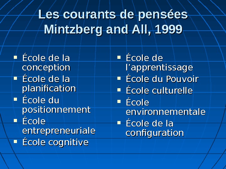 Les courants de pensées Mintzberg and All, 1999 École de la conception École de la planification