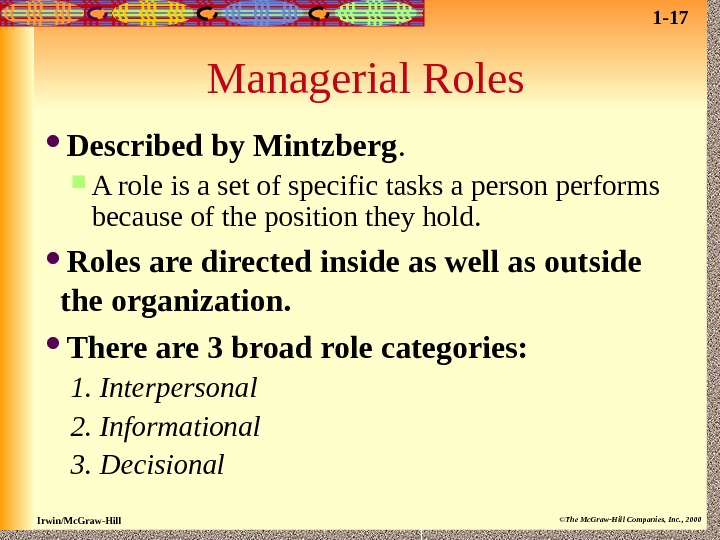 Irwin/Mc. Graw-Hill ©The Mc. Graw-Hill Companies, Inc. , 2000 Managerial Roles Described by Mintzberg.  A
