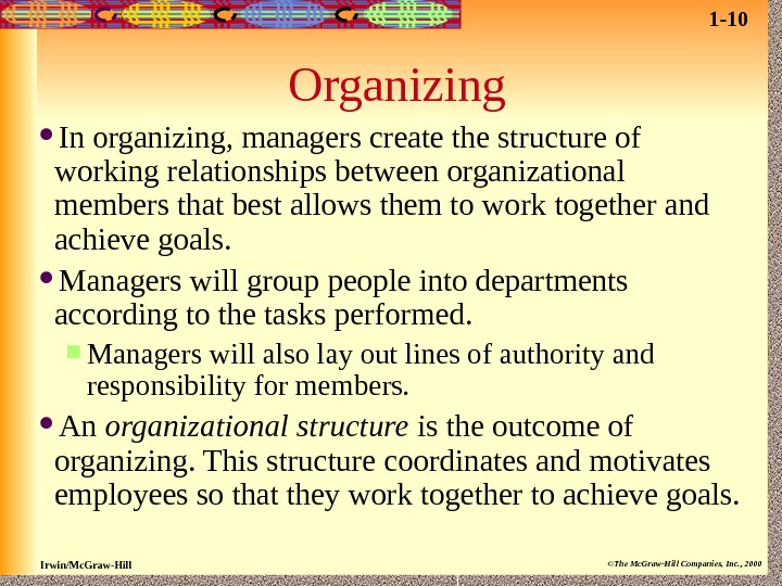 Irwin/Mc. Graw-Hill ©The Mc. Graw-Hill Companies, Inc. , 2000 Organizing In organizing, managers create the structure