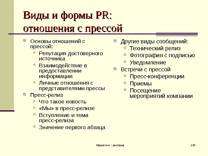 Маркетинг - реклама 130 Виды и формы PRPR : : отношения с прессой Основы отношений с