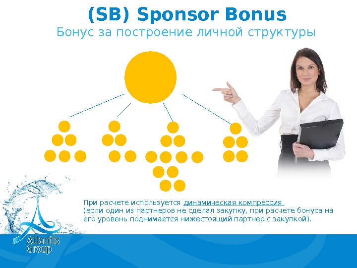 ( SB) Sponsor Bonus Бонус за построение личной структуры При расчете используется динамическая компрессия (если один