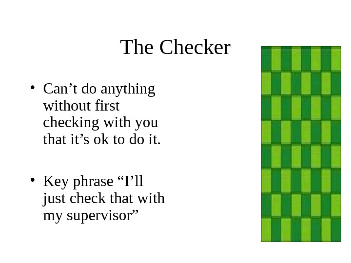 The Checker • Can’t do anything without first checking with you that it’s ok to do