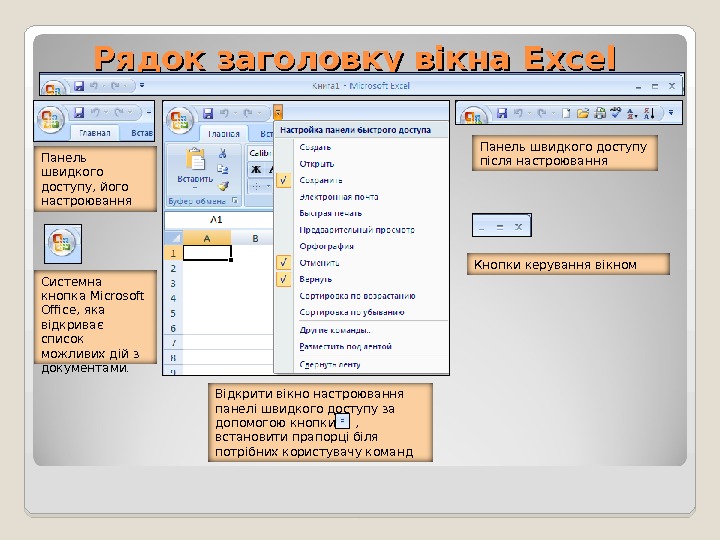 Рядок заголовку вікна Excel  Панель швидкого доступу, його настроювання Панель швидкого доступу після настроювання Системна