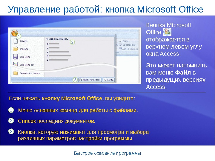 Быстроеосвоениепрограммы. Управлениеработой: кнопка. Microsoft. Office Кнопка. Microsoft Office  отображаетсяв верхнемлевомуглу окна. Access. Менюосновныхкоманддляработысфайлами. Списокпоследнихдокументов. Кнопка,