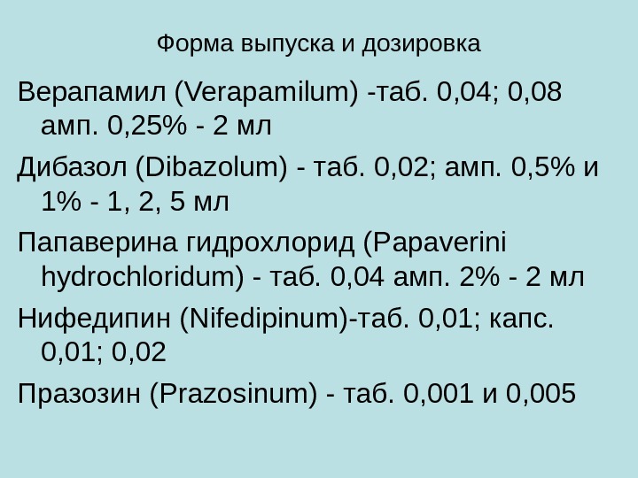   Форма выпуска и дозировка Верапамил ( Verapamilum ) -таб. 0, 04; 0, 08 амп.