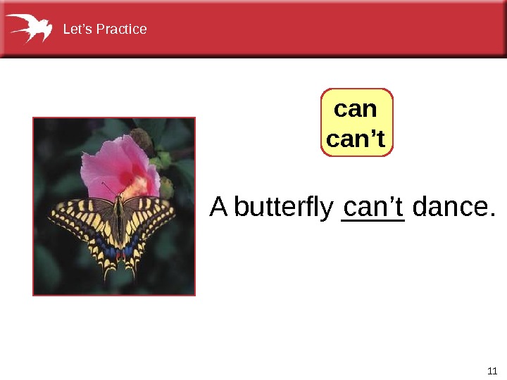 11 A butterfly ____ dance. can’t. Let’s Practice 