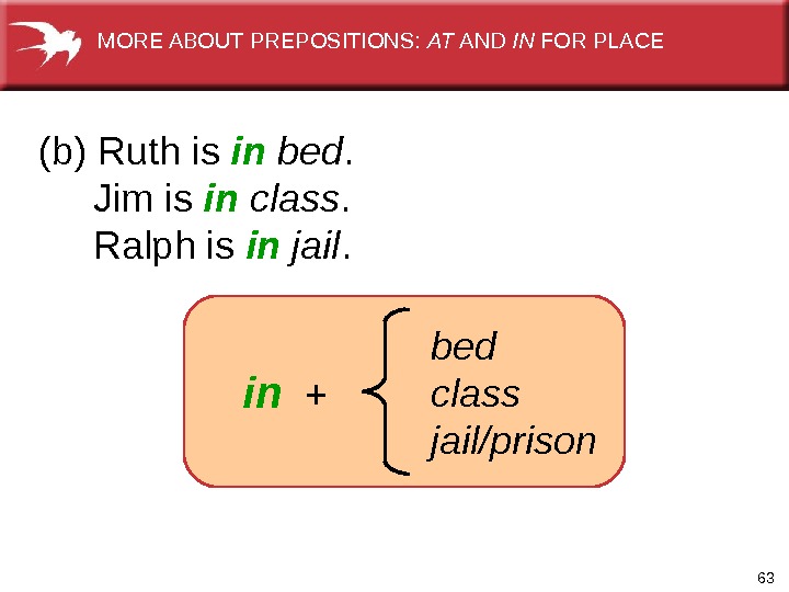 63(b) Ruth is in  bed.  Jim is in  class.  Ralph is in