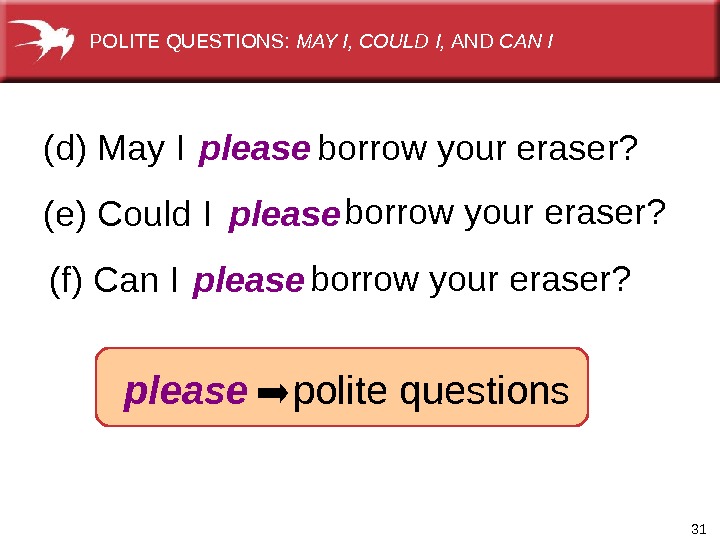 31  pleaseplease(d) May I (e) Could  I (f) Can I borrow your eraser? 