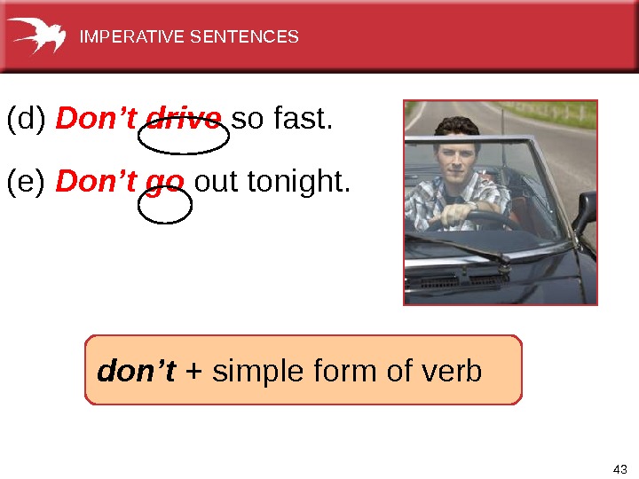 43  (d)  Don’t drive  so fast. (e)  Don’t go out tonight. 