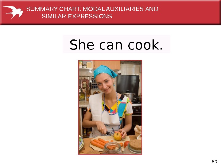 53 She can cook. SUMMARY CHART: MODAL AUXILIARIES AND    SIMILAR EXPRESSIONS 
