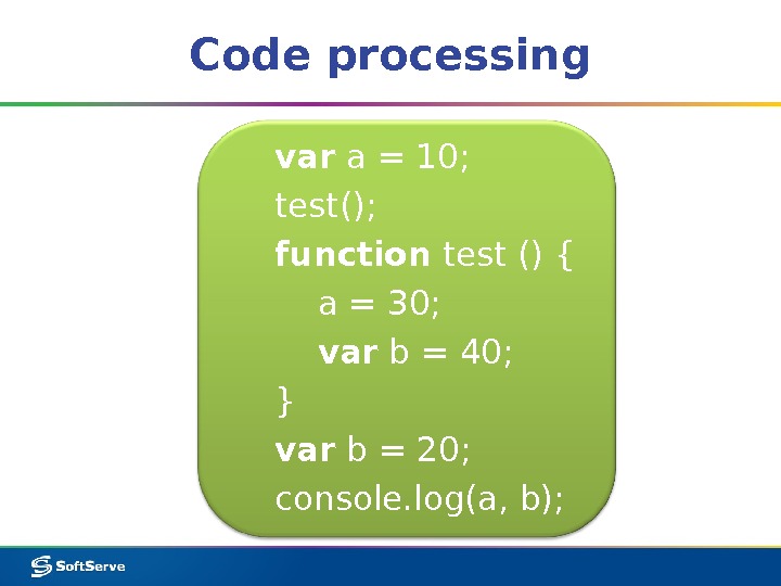 Code processing var a = 10; test(); function test () { a = 30;  var