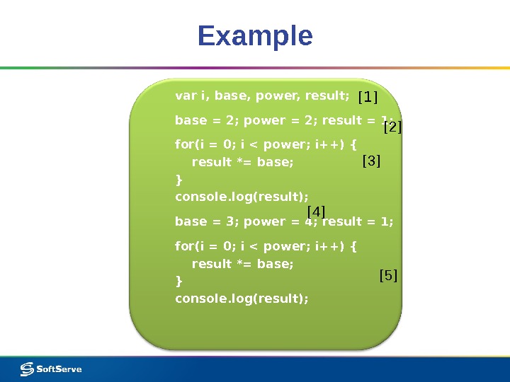 Example var i, base, power, result; base = 2; power = 2; result = 1; 