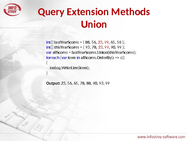 Query Extension Methods Union int [] last. Year. Scores = { 88, 56,  23 ,