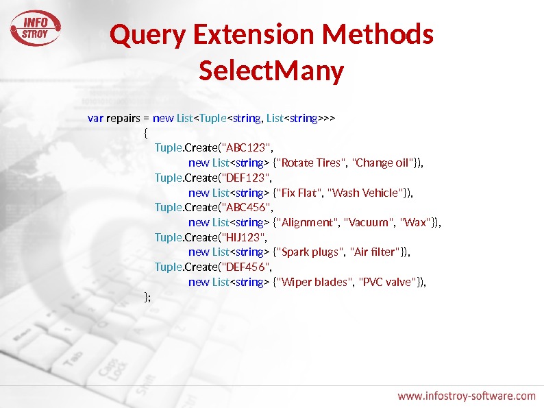 Query Extension Methods Select. Many var repairs = new  List  Tuple  string ,