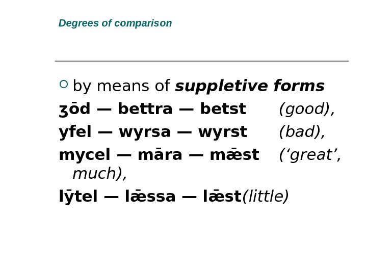 Degrees of comparison by means of suppletive forms ʒōd — bettra — betst (good), yfel —