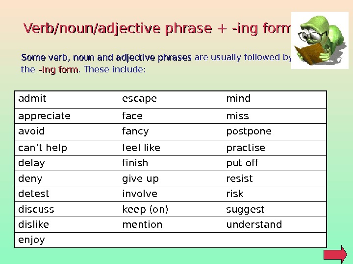 Verb/noun/adjective phrase + -ing form Some verb, noun and adjective phrases are usually followed by the