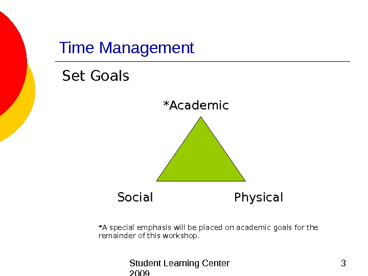  Student Learning Center 2009 3 Time Management *Academic Physical Social * A special emphasis will